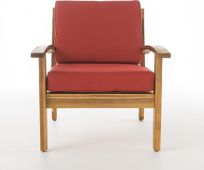 Christopher Knight Home Peyton Outdoor Wooden Chat Set with Cushions, 4-Pcs Set, Teak Finish / Red