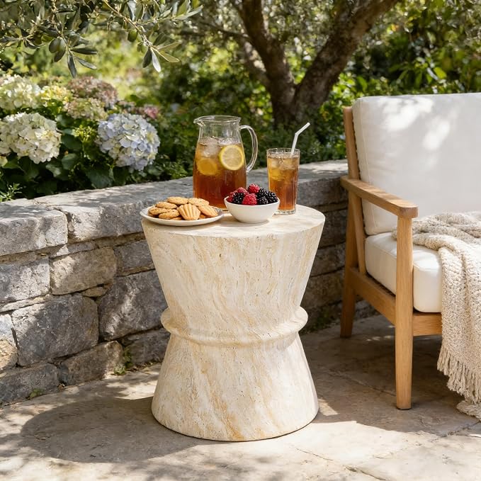 Round Outdoor Side Table, Modern MGO Concrete End Table with Faux Travertine Finish, Hourglass-Shaped Patio Side Table for Living Room Garden Balcony,Fully Assembled,Beige Travertine
