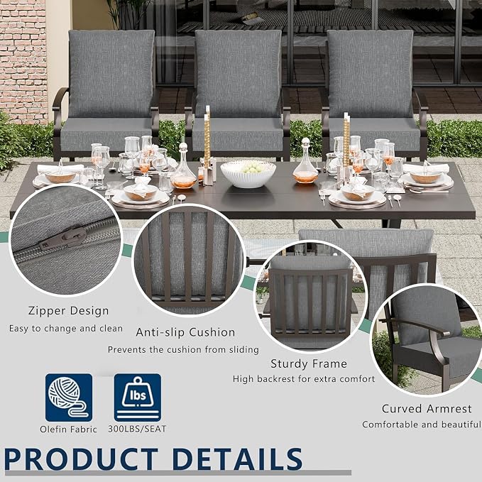 7 Piece Outdoor Dining Set for 6, Metal Patio Table and Chairs with Cushions, Patio Furniture Set with 6 Stackable Chairs, Rectangular Patio Dining Table with Umbrella Hole, Lawn Deck, Yard-Grey