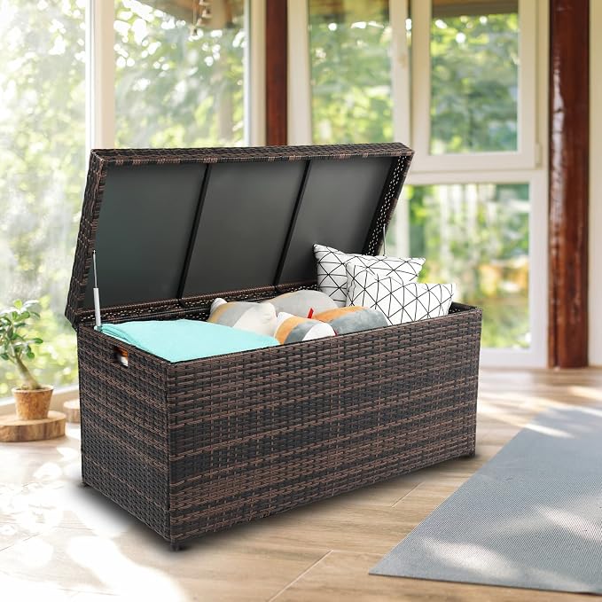 VINGLI Outdoor Wicker Storage Box, 132 Gallon Patio Rattan Deck Box, Wicker Storage Bench for Indoor & Outdoor Use
