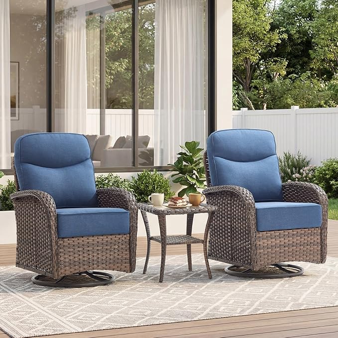Outdoor Swivel Rocking Chair Patio Set (3-Piece), High-Back - Thick Cushion Swivel Rocking Chair Patio Set, All-Weather Wicker Patio Furniture Set, Suitable for Balcony Patios, Brown/Blue