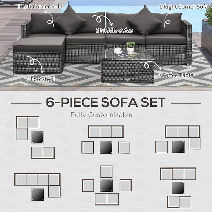 Outsunny 6 Piece Patio Furniture Set Outdoor Wicker Conversation Set All Weather PE Rattan Sectional Sofa Set with Ottoman, Cushions and Tempered Glass Table, Mixed Gray and Charcoal