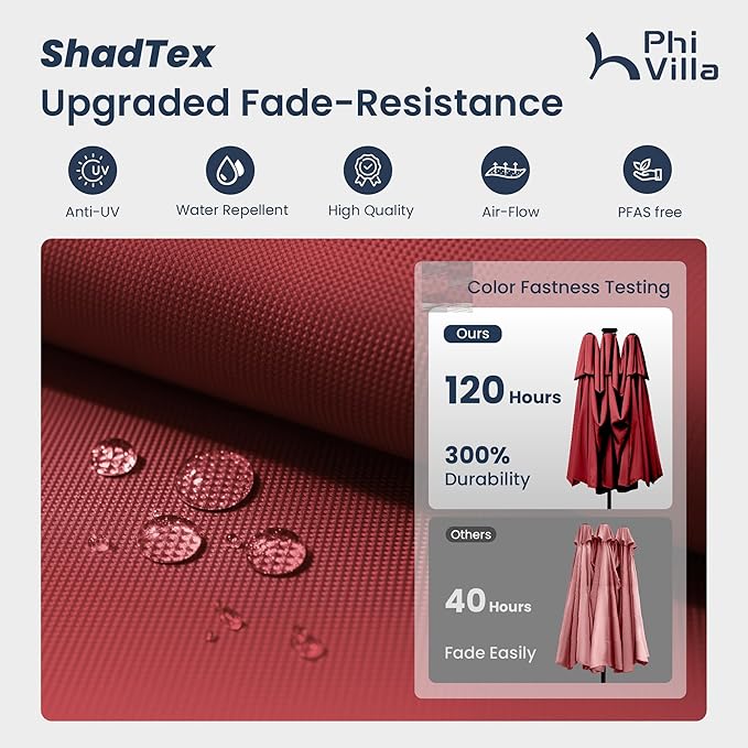 PHI VILLA 13ft Patio Umbrella with 120 PCS Solar-Powered LED Color-Changing Lights, 2-Tier Double-Sided Large Rectanglular Umbrella with Base Included, Wine Red