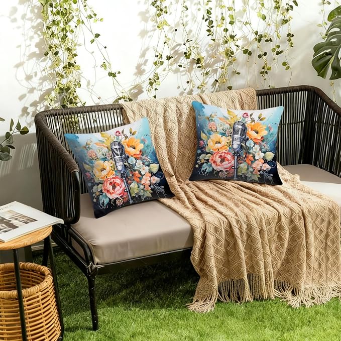 22x22 Inch Outdoor Pillow Covers Set of 2 Waterproof Throw Pillow Covers Decorative Couch Cushion Covers Microphone Floral Square Pillowcases Protectors for Patio Garden Sofa