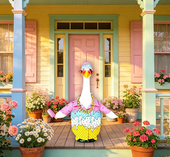 Porch Goose Outfits Summer Ice Cream Shirt - 5-Piece Male Couples Large Lawn Goose Clothes with Hawaiian Shirt, Bucket Hat, Pink Sunglasses, Gold Chain & Popsicle, Outdoor Yard Decor (Boyfriend Theme)