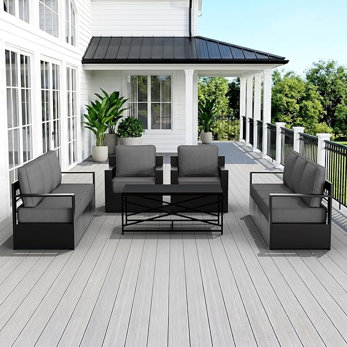 Outdoor Patio Furniture Set, 5-Piece Aluminum Patio Conversation Set All-Weather Metal Outdoor Sectional with 6 Inch Thick Cushions, Deep Setting for Garden, Outside and Porch, Grey