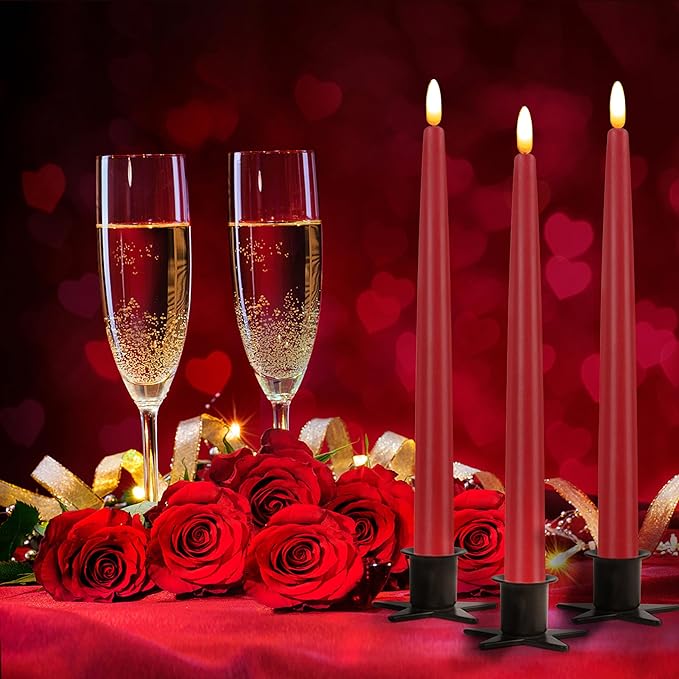CVHOMEDECO. Flameless Taper Candles with 10-Key Remote, Battery Operated Led Flickering 3D Wick Window Candles Real Wax Finished Home Christmas Party Decor 0.78 x 11 Inch, Pack of 3, Red
