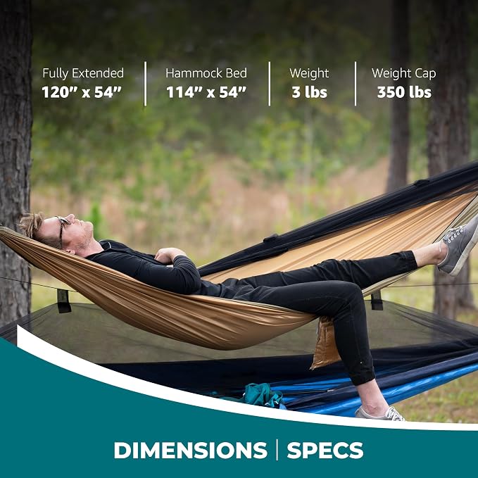 Bliss Hammocks Hammock in a Bag with Mosquito Net and Adjustable Tree Straps, Nylon Hammock for Camping and Outdoor Use, 350 Lb Capacity, Forest Green
