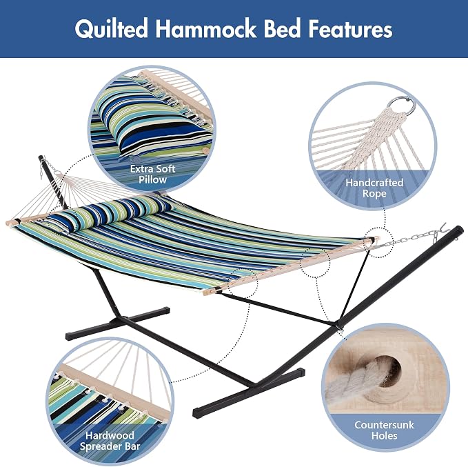 ANOW Double Hammock with Stand 12FT Included, Heavy Duty Hammock with Stand for Outside, 450 LBS Weight Capacity, Green & Blue Stripe
