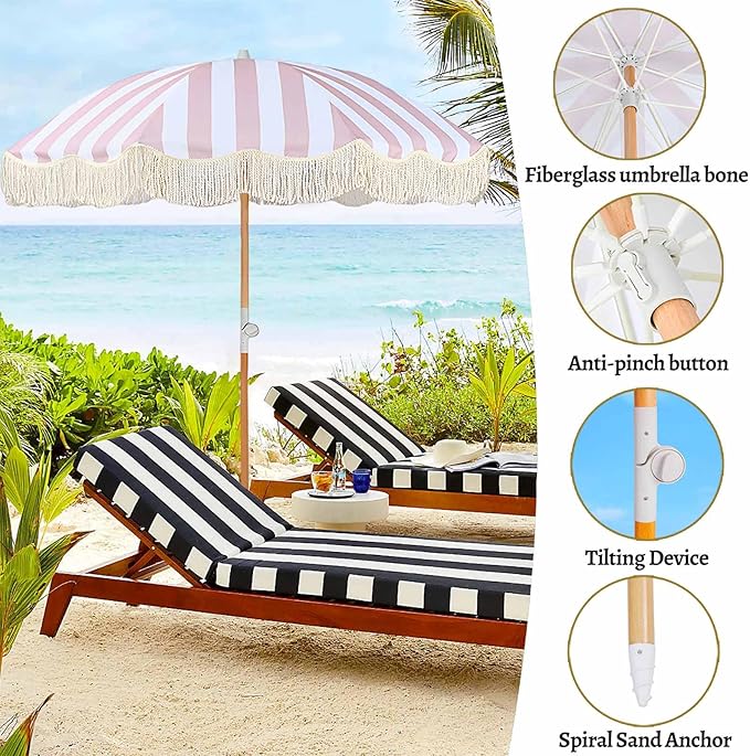 6ft Portable Beach Umbrellas For Sand Pink Striped Boho Fringe Umbrella Outdoor Patio Umbrella Tilt UV Protection Waterproof Pool Umbrella with Storage Bag Backyard Umbrellas For Patios Outside