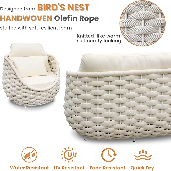 Woven Rope Outdoor Sofa Set: 6 Pieces Aluminum Patio Conversation Set Assembled - All Weather Cushioned Porch Furniture Couch - Modern Metal Lounge Set for Deck Yard Resort Hotel Sunroom, Beige