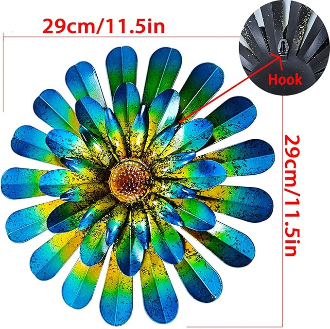 2 Pack Metal Flower Wall Decor, Hand-Painted Farmhouse Hanging Wall Art | 12 inch floral metal wall hanging with built-in hooks. Indoor & outdoor decor, garden farmhouse decoration.