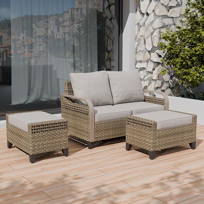 COOS BAY Modern Wicker Outdoor Furniture Set, 3 Piece Patio Conversation Set with a Loveseat and 2 Ottomans, 3 Piece, Brown/Gray