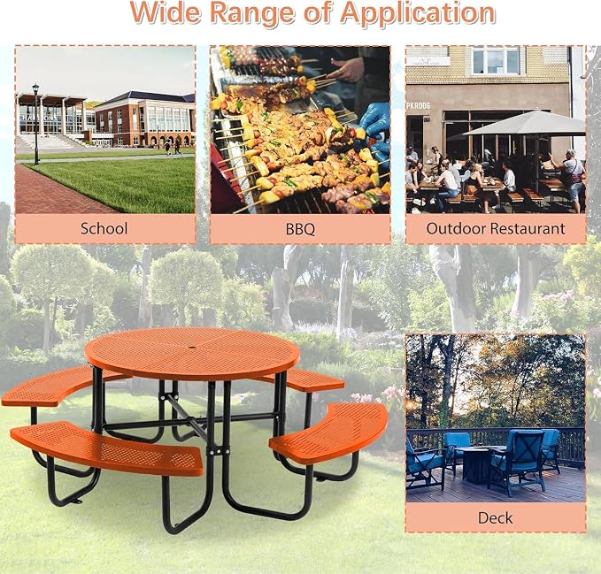 Coated Steel Heavy Duty Picnic Table for Outdoors 3200 lbs Load, Round Camping Table with Umbrella Hole up to 1.78", Commercial Picnic Table with Benches, Orange