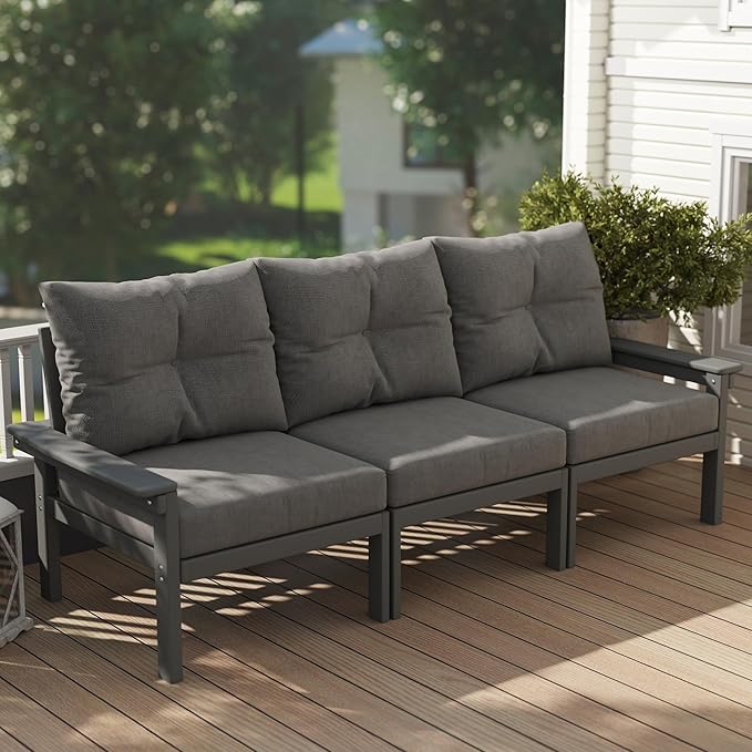 Grey HDPE Patio Sofa Set, 3-Piece Sectional Outdoor Patio Furniture Set, All Weather Outdoor Couch Set with Washable Thick Cushions for Lawn, Garden, Deck, Balcony, Porch, Poolside, Yard
