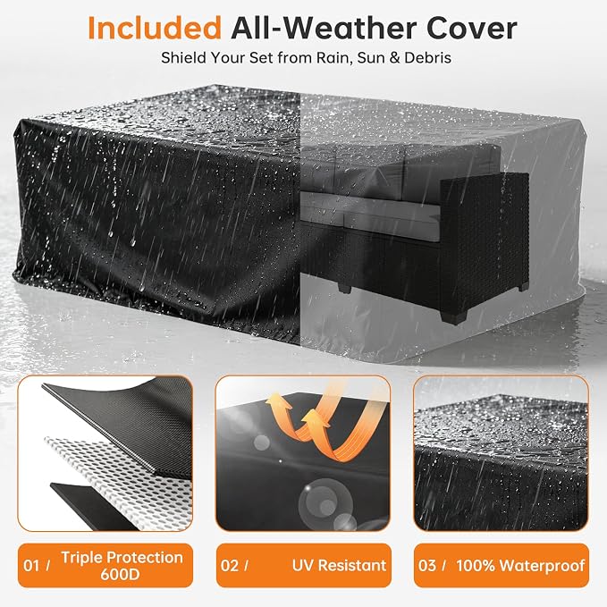 LazySunsets 6-Piece Outdoor Patio Furniture Set, Rattan Outdoor Sectional with Thick Waterproof Cushions, Wicker Ottomans & Waterproof Cover, Patio Conversation Set for Garden, Backyard, Grey