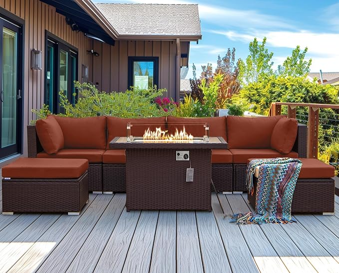 NICESOUL 7 Piece Outdoor Sofa Sectional with Firepit Natural Gas & Propane, Extra Large Patio Furniture Set for Heavy People, Deep Modular Wicker Conversation Sitting, Brown Rattan and Red Cushion