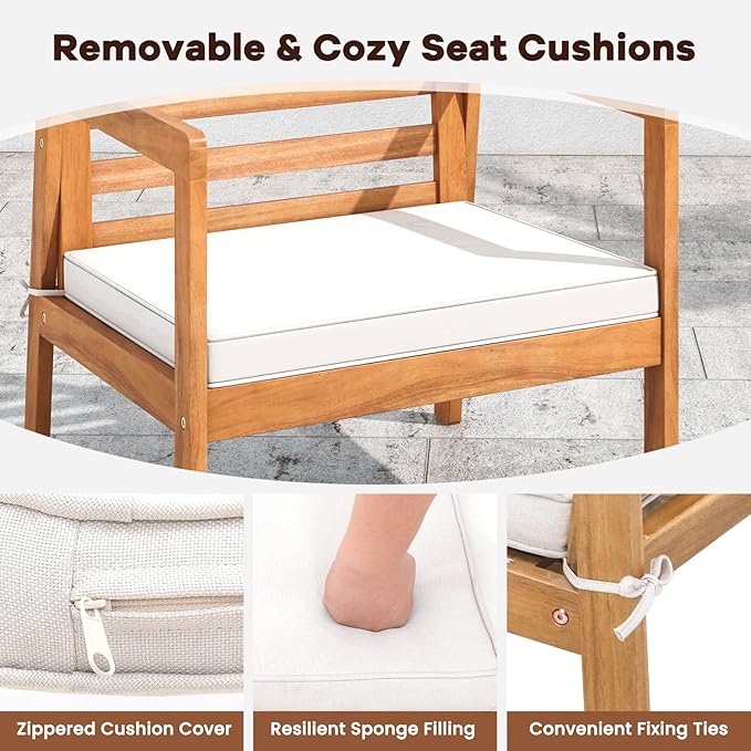 HAPPYGRILL 4 Piece Wood Patio Conversation Set, Armchairs Loveseat & Coffee Table Set with Cushions, Acacia Wood Frame, Outdoor Furniture Set for Porch, Garden, Backyard, Poolside