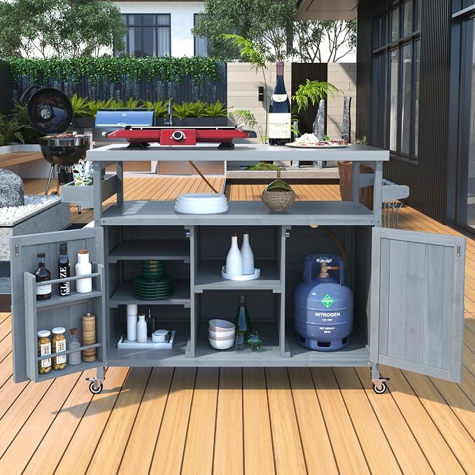 Outdoor Grill Table Bar Cart with Stainless Steel Top, Farmhouse Solid Wood Outdoor Kitchen Island with Spice Rack and Towel Rack, Rolling Island Cart for Kitchen, BBQ, Garden, Patio, Grey Blue