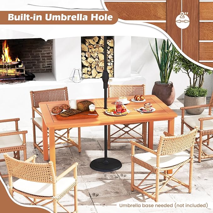 Tangkula 7 Pieces Outdoor Dining Set for 6, Patio Solid Wood Slatted Rectangular Dinner Table and Armchairs Set w/Umbrella Hole, Teak Oil Finish, for Lawn, Deck, Yard, Porch and Poolside