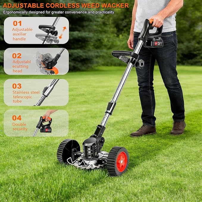 21V Cordless Weed Wacker for Thick Weeds, Lawn & Yard, 3-in-1 String Trimmer/Edger/Brush Cutter with 2 Batteries, 4 Blades & Wheels, 90° Pivot Head, Adjustable Height, Lightweight Easy for Homeowners