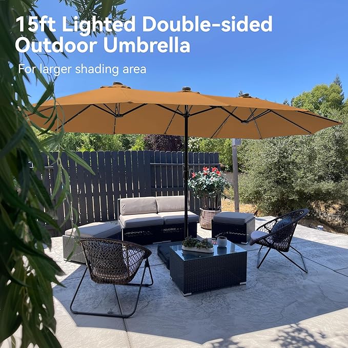 PHI VILLA 15ft Large Patio Umbrella with Solar Lights, Double-Sided Outdoor Market Rectangle Umbrellas with 36 LED Lights, Umbrella Base (Stand) Included, Tawny
