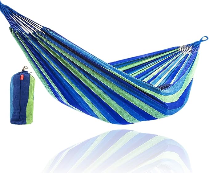 CJ Ultra Double Brazilian Hammock - XL Wide Two Person Soft Woven Cotton Fabric - Long Hamaca Swing Bed for Backyard Patio or Porch - Outdoor or Indoor - Includes 2 Hanging Tree Ropes (Blue Striped)