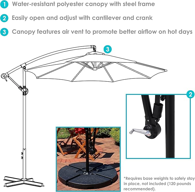 Sunnydaze 9.5-Foot Cantilever Umbrella with Air Vent, Cross Base, and Crank - Polyester Shade and Steel Pole