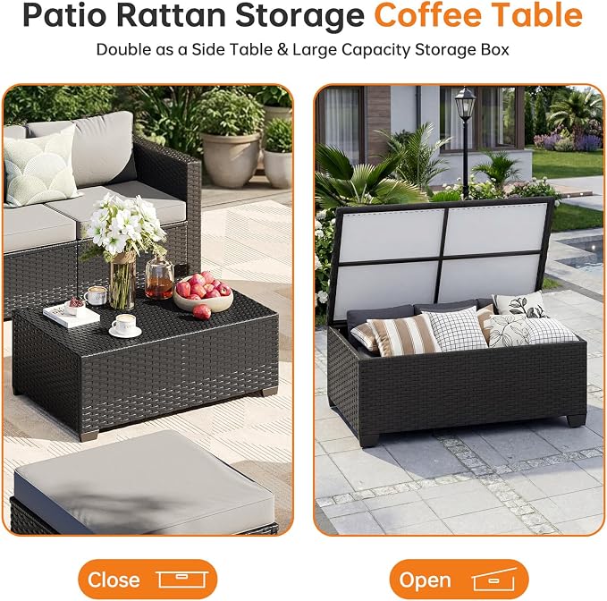 LazySunsets 6-Piece Outdoor Patio Furniture Set, Rattan Outdoor Sectional with Thick Waterproof Cushions, Wicker Ottomans & Waterproof Cover, Patio Conversation Set for Garden, Backyard, Grey