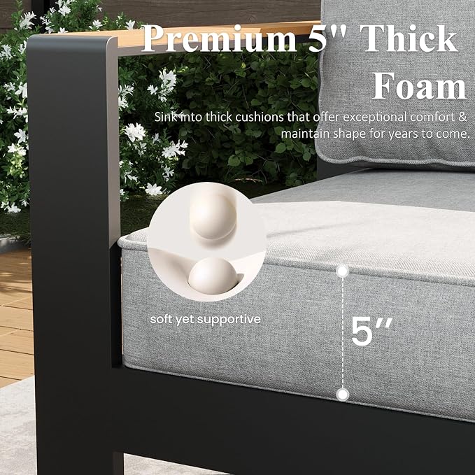 LayinSun Aluminum Outdoor Furniture Set 3 Seat Sofa, Outside Patio Deep Seating Conversation Set with Upgraded Washable Thick Cushion