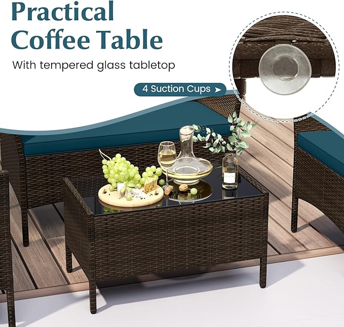 Tangkula 8 Piece Patio Rattan Conversation Set, Outdoor Wicker Furniture Set with Chair, Loveseat & Tempered Glass Table, Cozy Seat Cushions, Outside Sectional Sofa Set for Backyard (2, Peacock Blue)