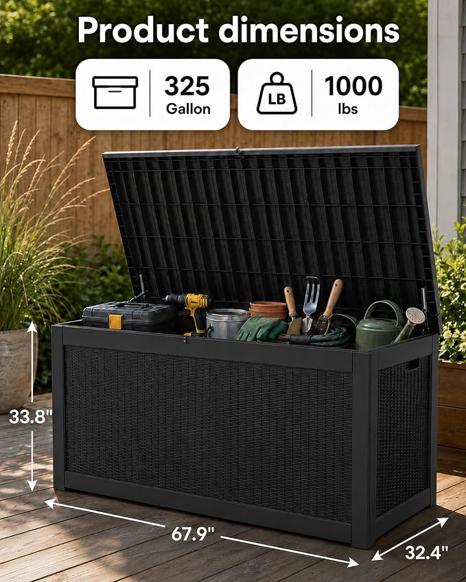 325 Gallon Extra Large Waterproof Deck Box, Heavy Duty Resin Outdoor Storage Box, Outside Storage Bench with Hydraulic Rod for Patio/Furniture Cushions/Garden Tools/Backyard/Pool Accessories, Black
