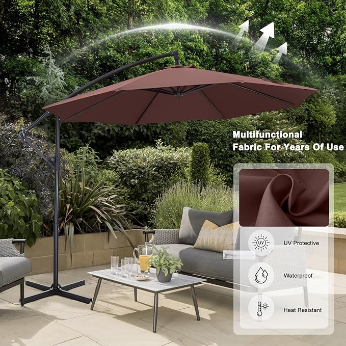 ABCCANOPY 10FT Cantilever Patio Umbrella with base included, 360° Rotation Outdoor Offset Umbrella for Backyard, Deck, Poolside (Brown)