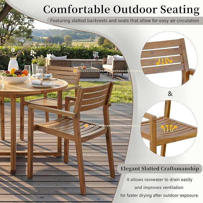 RuiSiSi Patio Furniture Set with Solid Wood Table & 4 Chairs, 5-Piece Outdoor Round Dining Set with Slatted Design, Garden Conversation Set, Natural