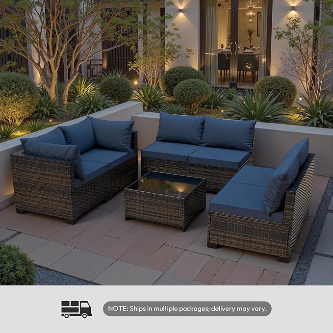 WWR Patio Furniture Set - All-Weather,Water-Resistant - 7 Piece Patio Wicker Rattan Sectional Sofa, Modular Outdoor Conversation Set for Backyard, Garden, Poolside, Balcony, Brown/Navy Blue