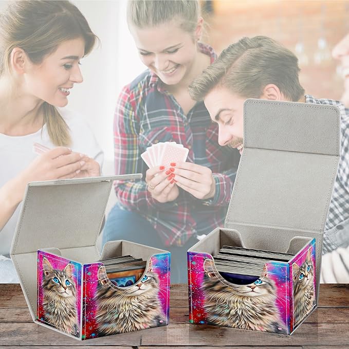 Card Deck Box for MTG, Cards Storage Box Fits 120+ Sleeved, Leather Small Size Strong Magnetic Closing Card Case for Board Games Magic TCG CCG Baseball Collection, Cute Blue Eyed Cat