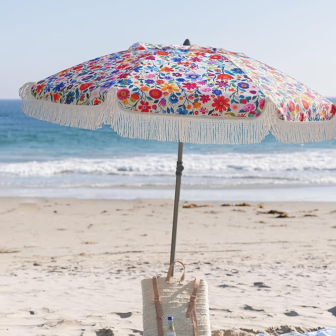 AMMSUN 6.5ft Heavy Duty HIGH Wind fringe Beach Umbrella with sand anchor, Fringe Umbrella Outdoor Patio Tilt Sun Shelter, UPF 50+ Windproof Outdoor Sunshade Umbrellas Carry Bag for Patio Garden Backyard Pool Sports