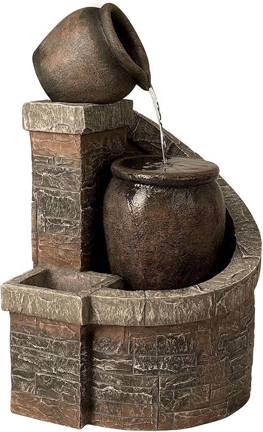 Two Jug 35" High Large Rustic Indoor Outdoor Decor Faux Stone Floor Fountain with Light LED Waterfall Cascading Standing Tiered Water Feature for Outside Garden Patio Yard Backyard - John Timberland