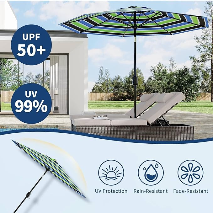 Garvee 9 ft Patio Umbrella - 8 Sturdy Ribs Outdoor Table Umbrella with Crank Lift & Push Button Tilt - Market Umbrella for Pool, Deck, Yard, Garden - Tricolor Stripe