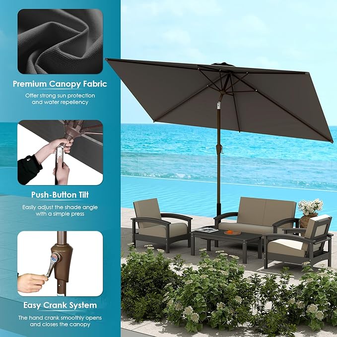 GREENVINES 6.5X10 FT Rectangular-Patio-Umbrella | Outdoor-Table-Umbrellas | 6 Sturdy Steel Ribs | Push Button Tilt & Crank | Waterproof | Market Umbrella | for Pool Backyard Garden | Charcoal Gray
