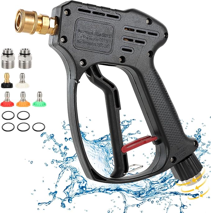 Short Pressure Washer Gun, 5000 PSI Max Swivel High Pressure Washer Extension Wand with 5 nozzles, M22 14MM Swivel Connect & M22 15MM, Car Wash Kit Power Washer Gun for Cars, Driveway, Yard, Fence