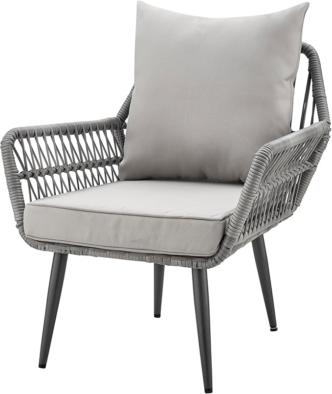 Manhattan Comfort Cannes 3-Piece Patio Conversation Set, Outdoor Furniture | Includes Modern Cushioned Rope Wicker Chairs & End Table, Removable & Washable Cushions, Tempered Glass Tabletop, Grey