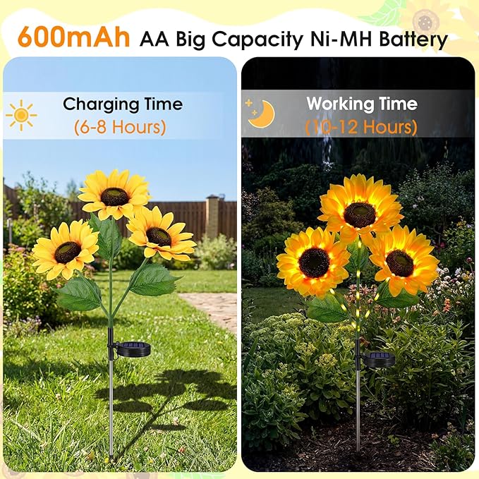 Solar Sunflowers Outdoor Waterproof, 3 Pack Solar Flowers Stake Lights with 9 Big Realistic LED Sunflower for Yard, Garden, Cemetery Grave, Lawn, Flower Pot, Fall Outside Decorations (Sunflowers)