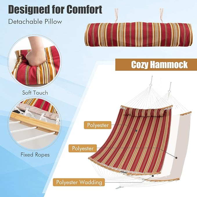 Happygrill Outdoor Hammock with Detachable Pillow, Curved Bamboo Spreader Bars and Hand-Woven Ropes, 2 Person Hammock