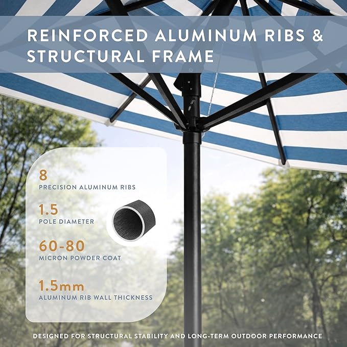 California Umbrella 12-Year Protection 7.5-Ft Outdoor Patio Umbrella, Sunbrella Fade-Resistant Fabric, Auto-Tilt, Heavy Duty Aluminum Frame, 8 Reinforced Ribs for Pool or Deck, Black Pole, Cabana Regatta