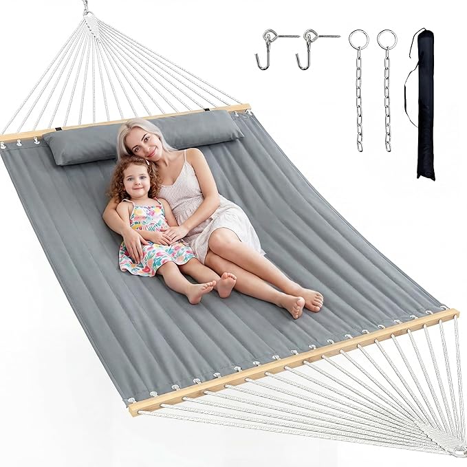 Double Hammock with Spreader Bar & Pillow, 2-Person Portable Hammock, 500lbs Capacity for Outdoor Camping, Patio, Backyard, Garden, Beach & Travel Relaxation – Gray