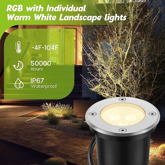 Junview Low Voltage Landscape Lights Christmas 10W RGBW Warm White LED Well Landscape Lighting Waterproof Outdoor 12V-24V Pathway Deck Ground Garden RGB Christmas Well Lights (2)