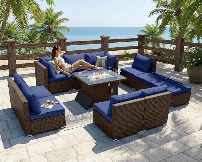BULEXYARD 11 Piece High Back Outdoor Furniture Set with Firepit, Gorgeous Patio Conversation Set with Ottoman Modular, Large 10-Seats Sectional Couch Sofa for Garden, Brown Rattan & Navy Blue Cushion