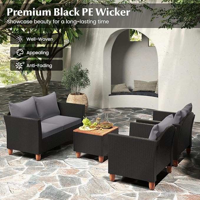 Tangkula 4 Piece Outdoor Conversation Set, Patio Cushioned Chairs w/Storage Coffee Table, Acacia Wood Tabletop & Chair Legs, Patio Wicker Furniture Set for Poolside, Lawn, Porch (1, Gray)