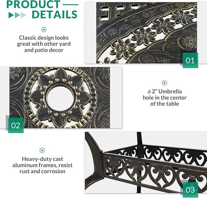 VIVIJASON 7 Pieces Cast Aluminum Outdoor Furniture Dining Set, Include 6 Chairs and a Rectangle Table with 2" Umbrella Hole, Patio Conversation Set for Lawn Garden Porch